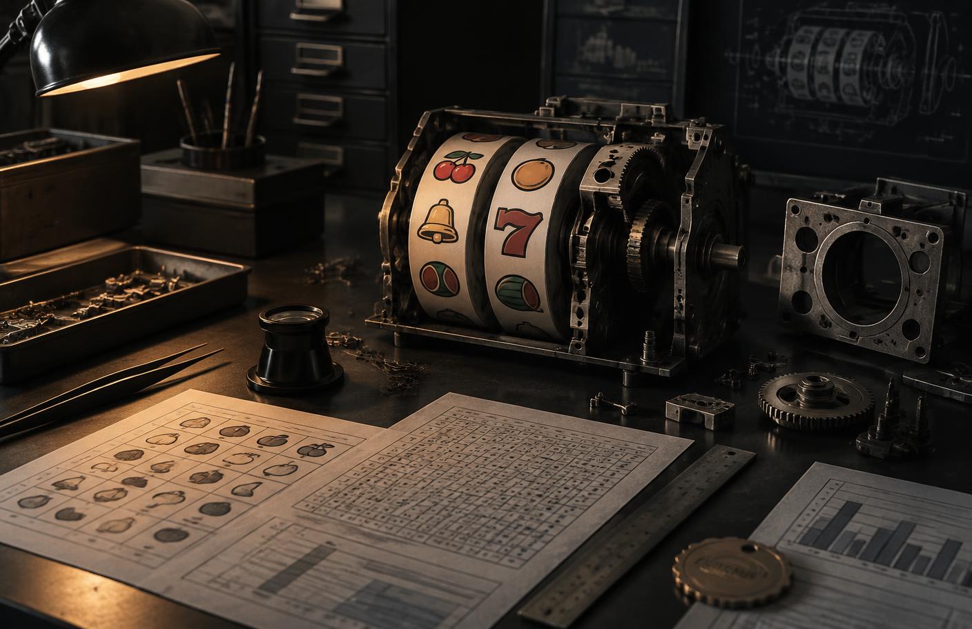 Slot mechanism under editorial examination on a testing desk